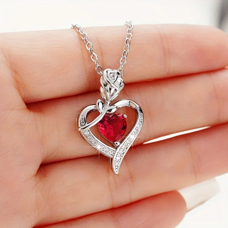 Luxury Red Zircon Heart Necklace Rose Gift Box in USA