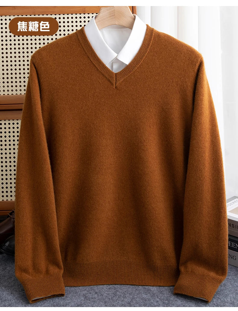 Men Merino Wool Sweater V-Neck Pullover Autumn Winter Cashmere in USA