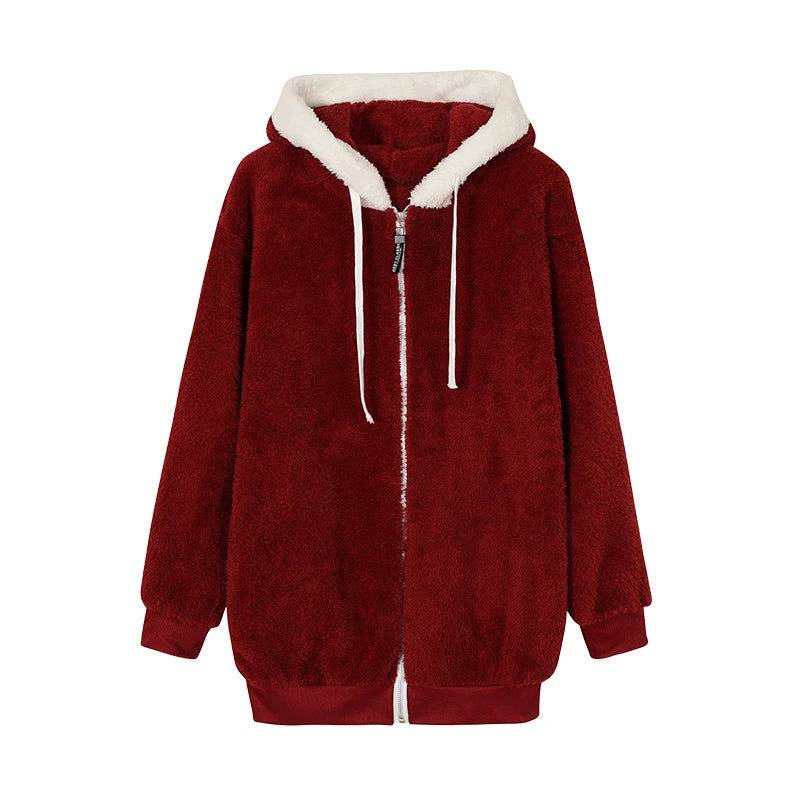 New Style Autumn And Winter Loose Plush Zipper Hooded Jacket Woman in USA