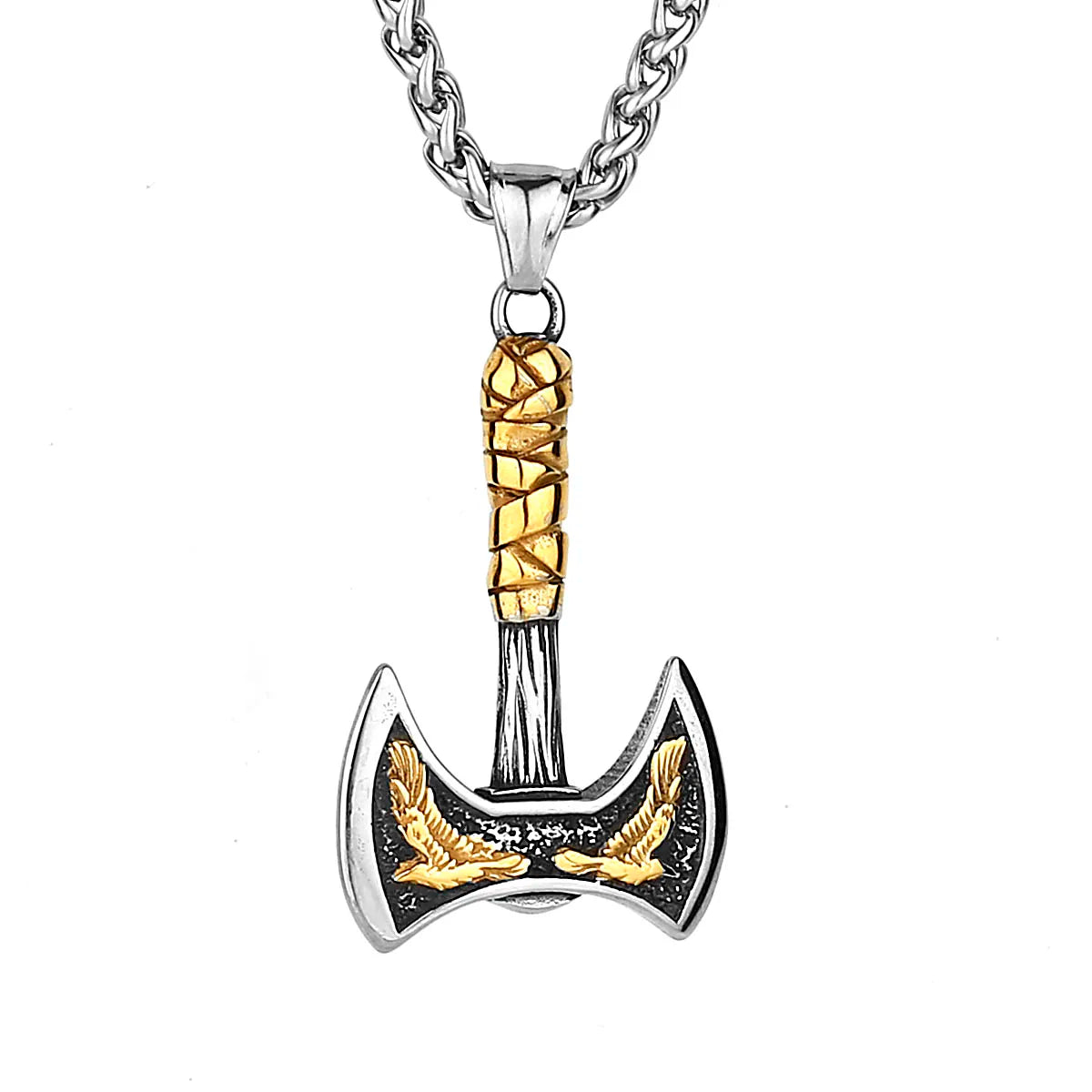 Viking Odin Raven Double Axe Necklace Mixed Gold Color Stainless Steel