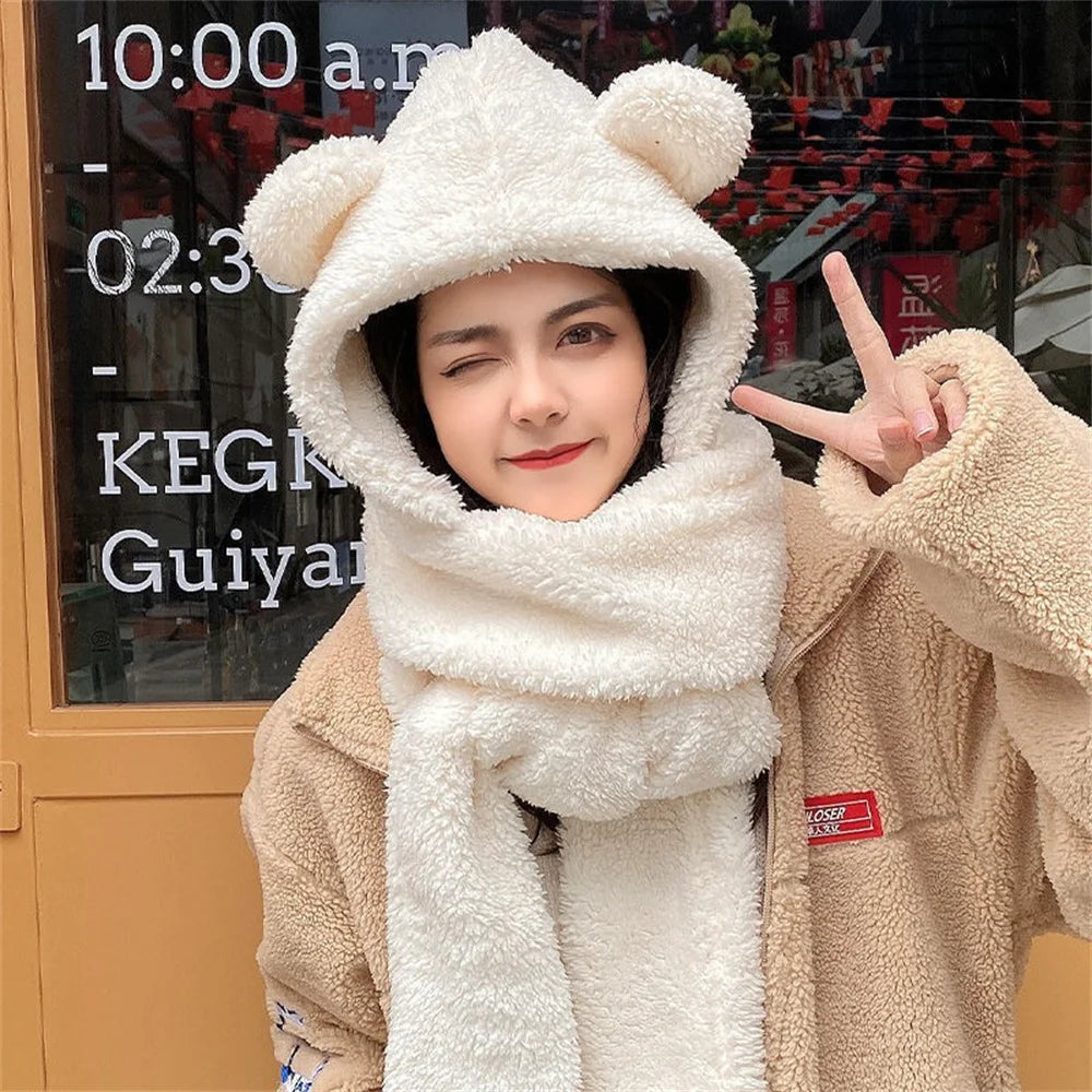 Winter Lamb Wool Cute Bear Ear Hat Scarf Gloves Set Women Caps in USA