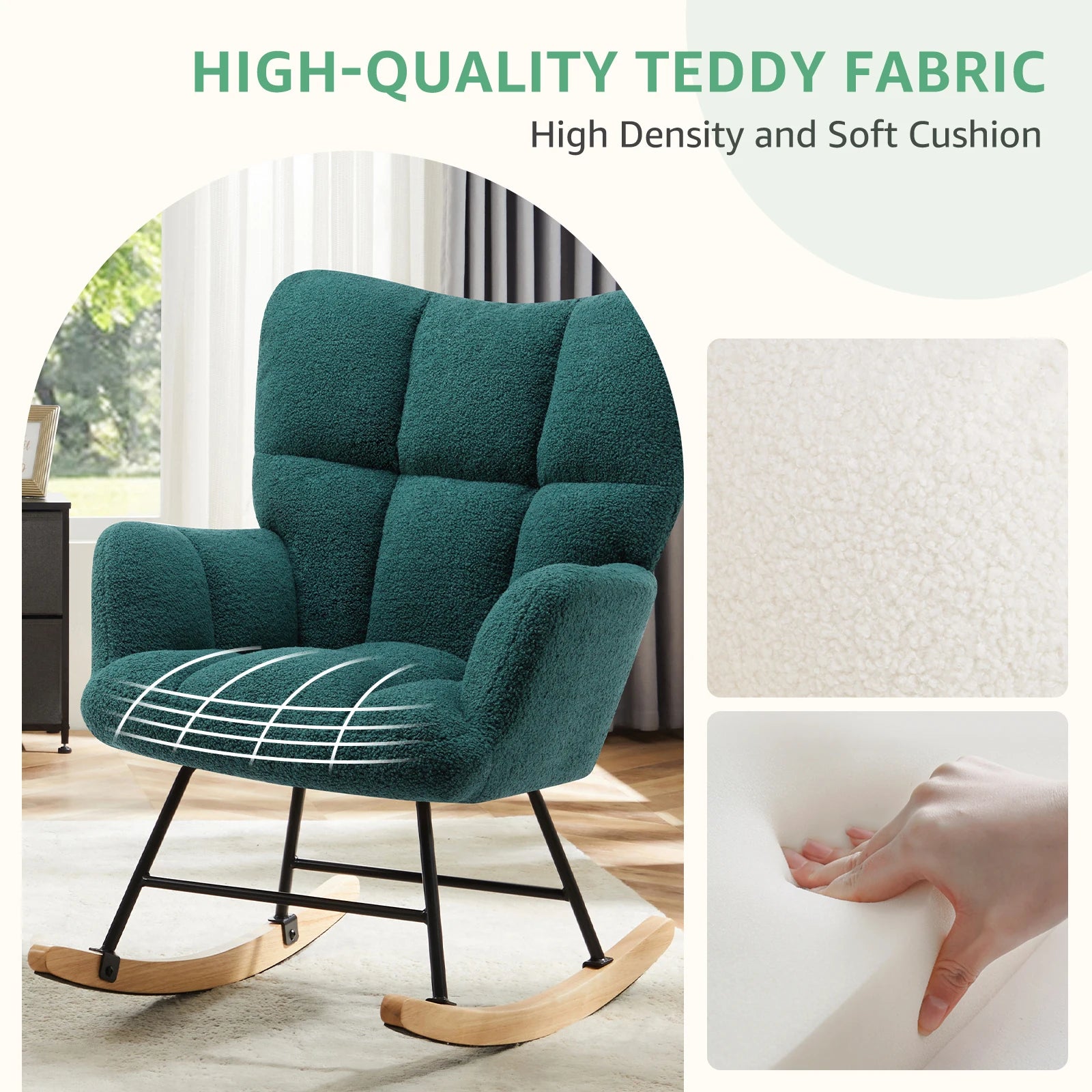 JHK Teddy Fabric Upholstered Glider Backrest,Padded Seat IN USA.