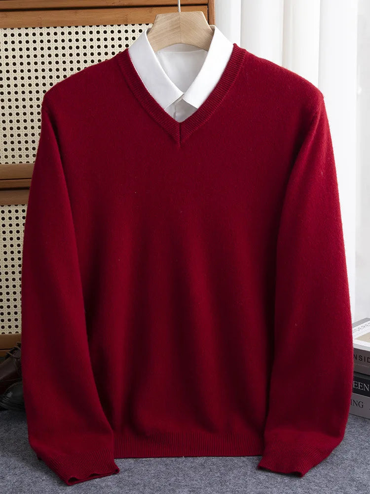 Men Merino Wool Sweater V-Neck Pullover Autumn Winter Cashmere in USA