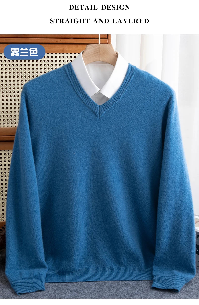 Men Merino Wool Sweater V-Neck Pullover Autumn Winter Cashmere in USA