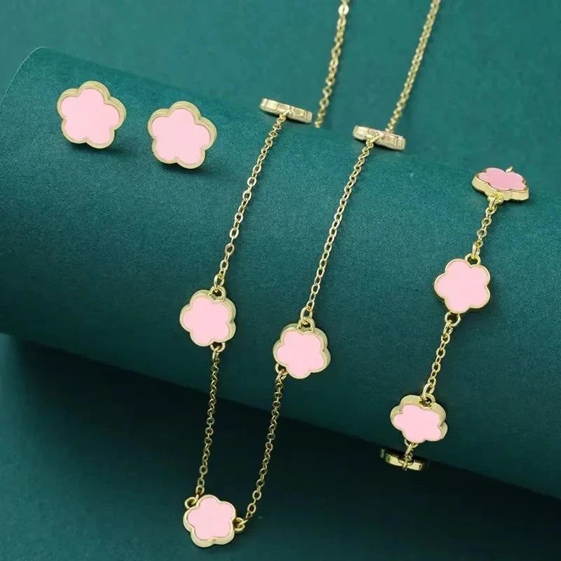 Flower Clover Earrings Necklace Ring Bracelet Four-piece Woman in USA