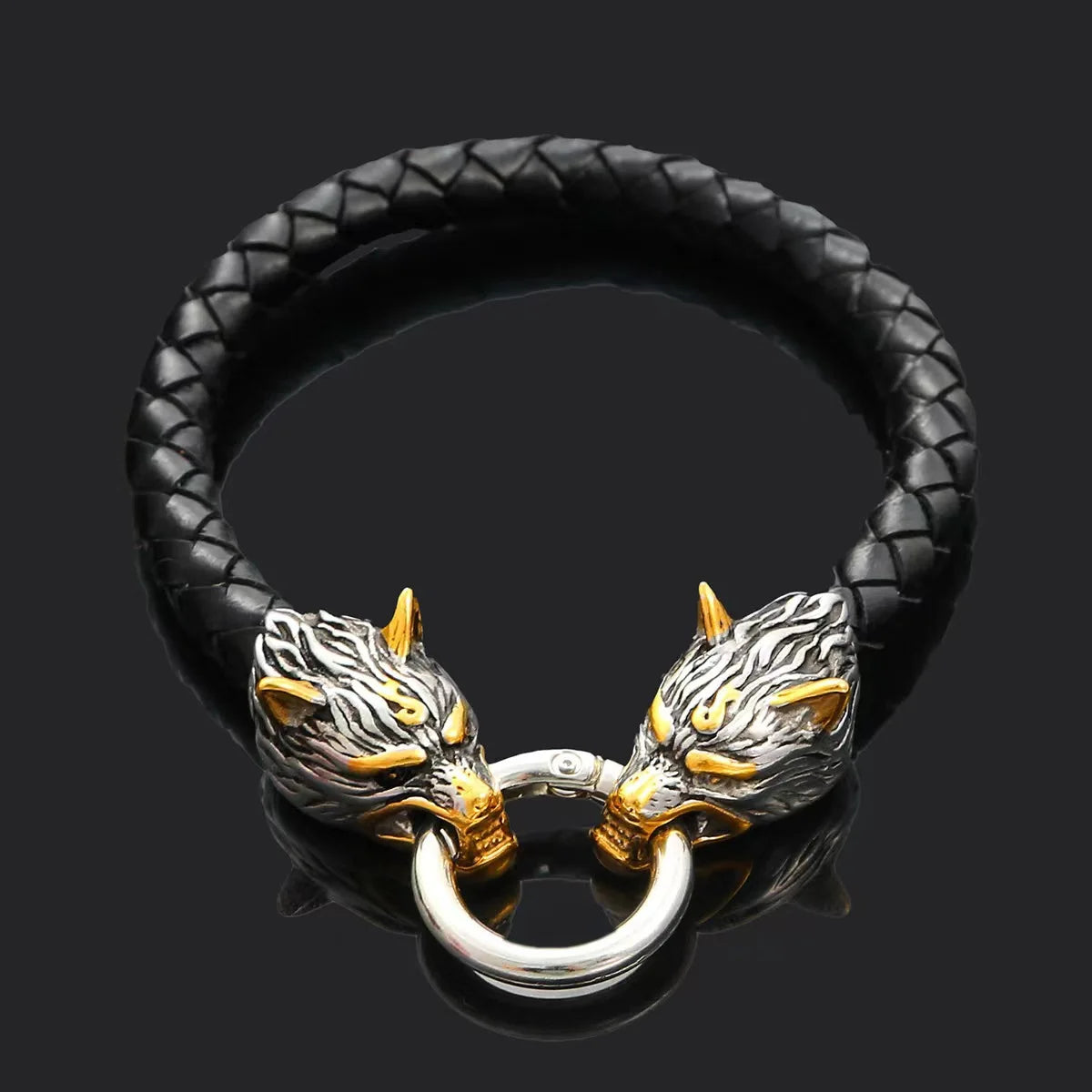 Retro Viking Double Wolf Head Leather Bracelet in USA