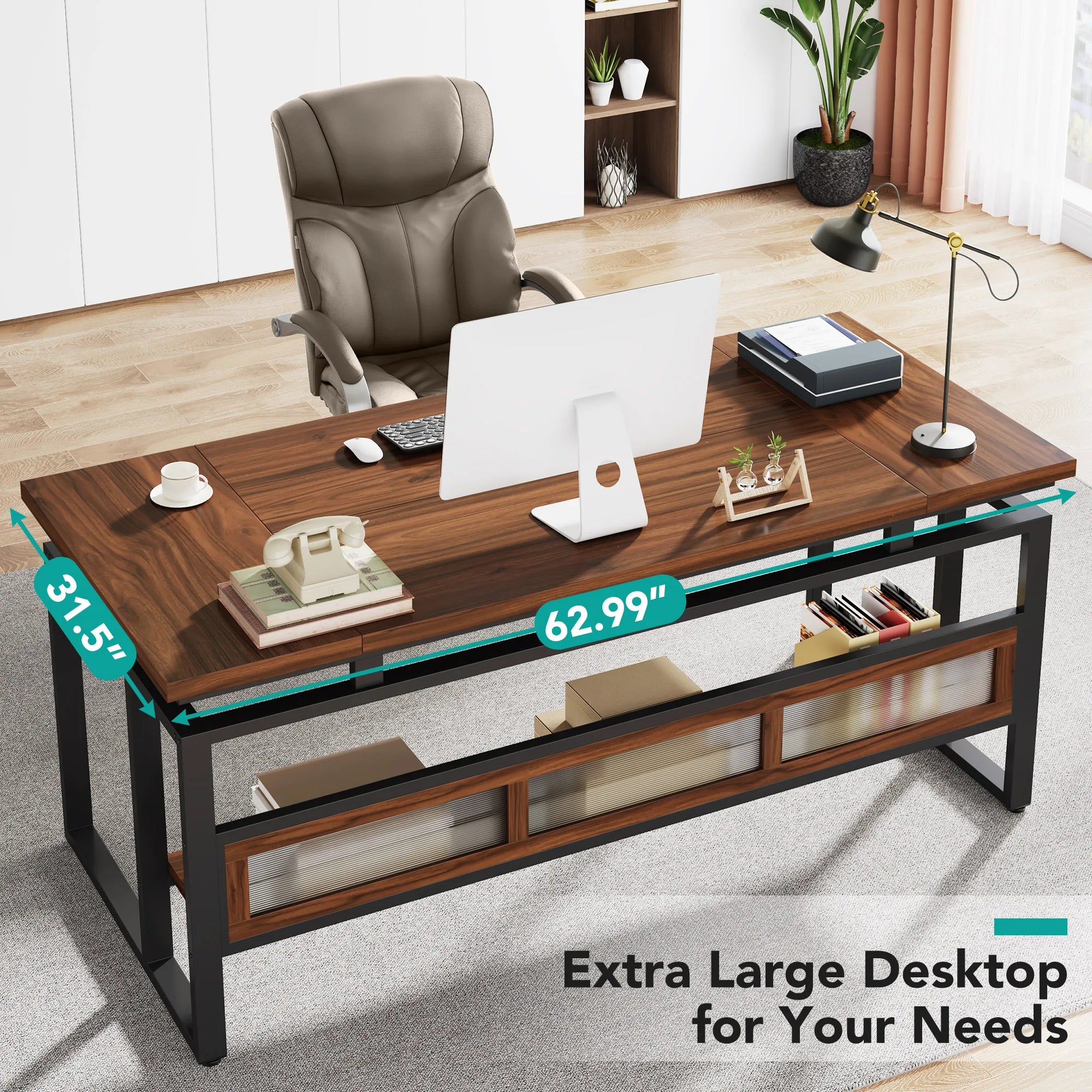 Executive Desk with Bottom Hidden Shelf, IN USA.