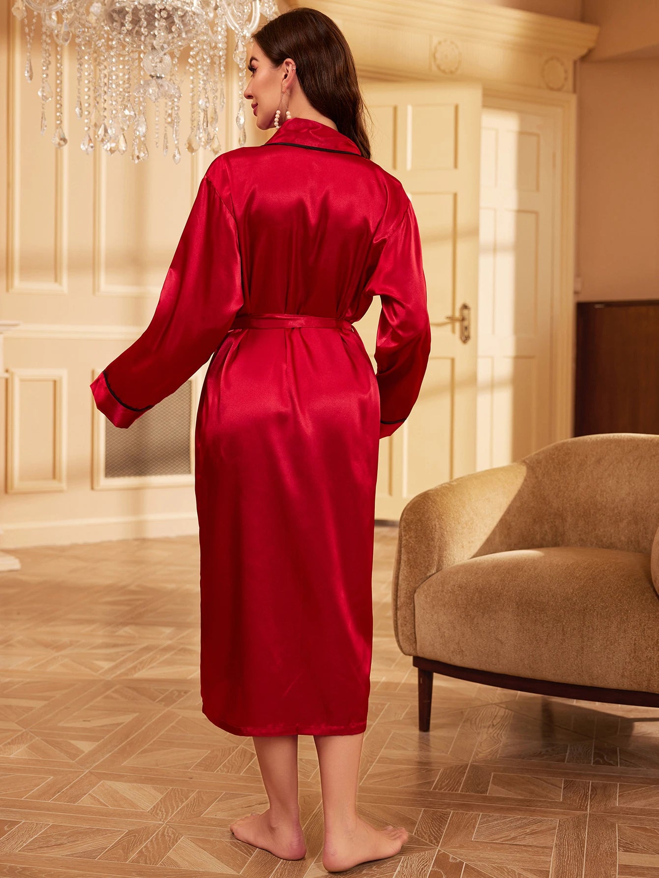 Robe Long Sleeve V Neck Robe Belt Women's Sleepwear in USA