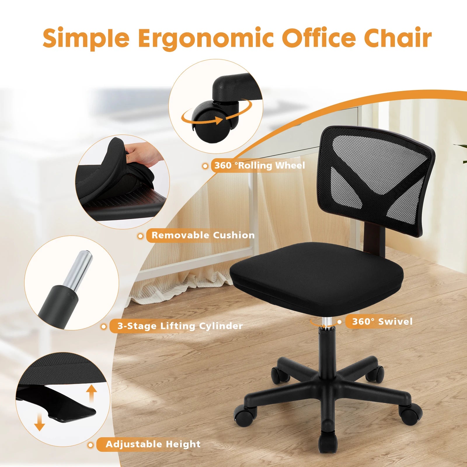 JHK Mesh Lumbar Support Armless Office Chair in USA.