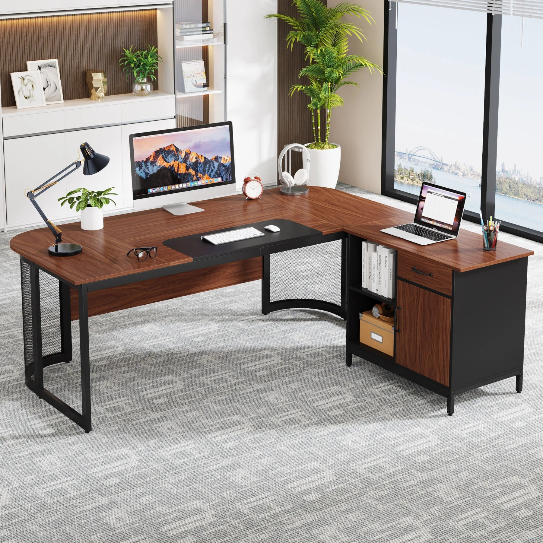 Executive Desk with 31" File Cabinet, L-Shaped Office Desk IN USA.