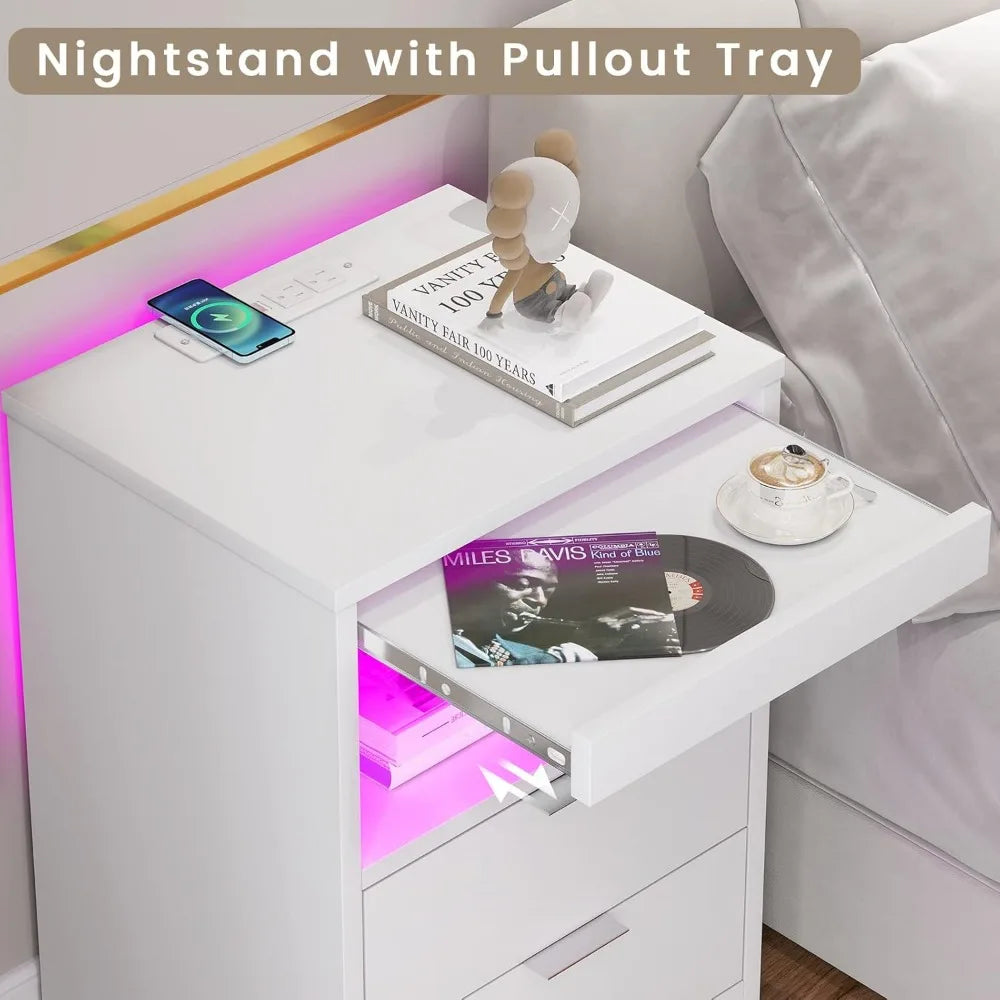 Nightstand White, Bedroom End Side Table LED Lights IN USA.