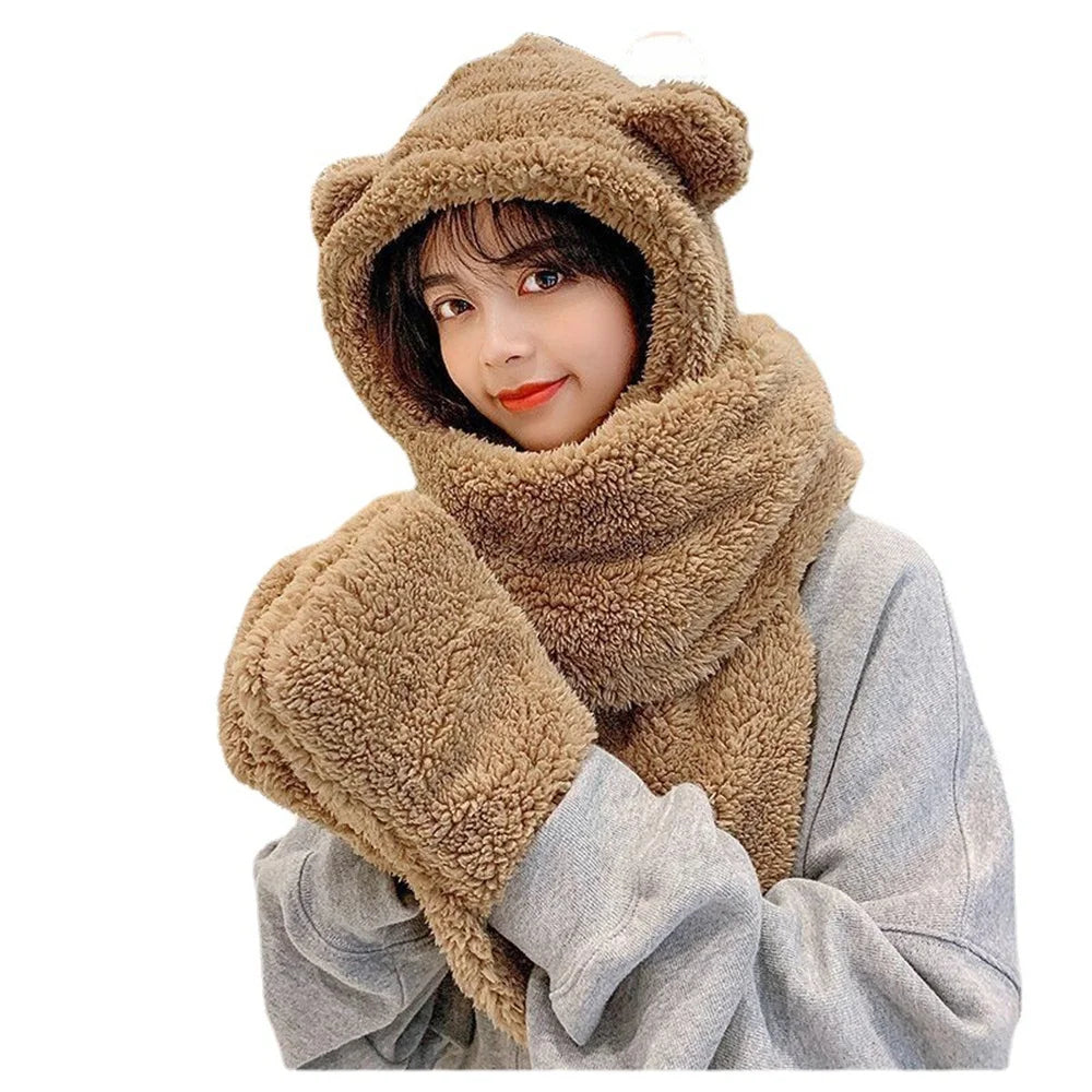 Winter Lamb Wool Cute Bear Ear Hat Scarf Gloves Set Women Caps in USA