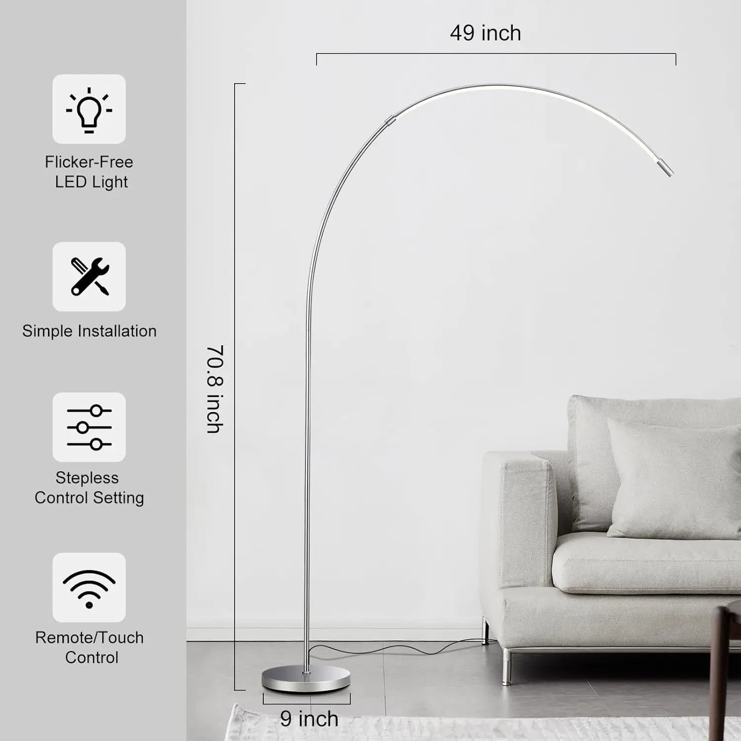 LED Arc Floor Lamp Living Room, Silver Modern Standing Lamp IN USA.