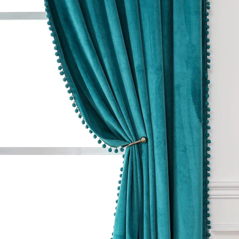 Pom Velvet Curtains for Bedroom, Blackout Curtains in USA