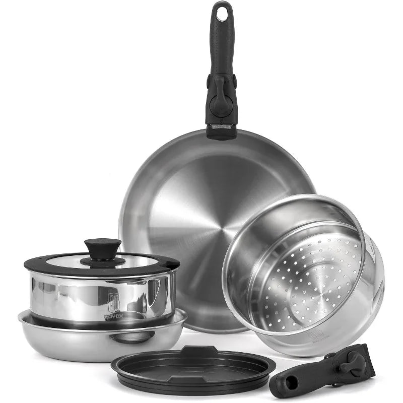 Pots Pans Set, 20 Piece Stainless Steel Kitchen Removable