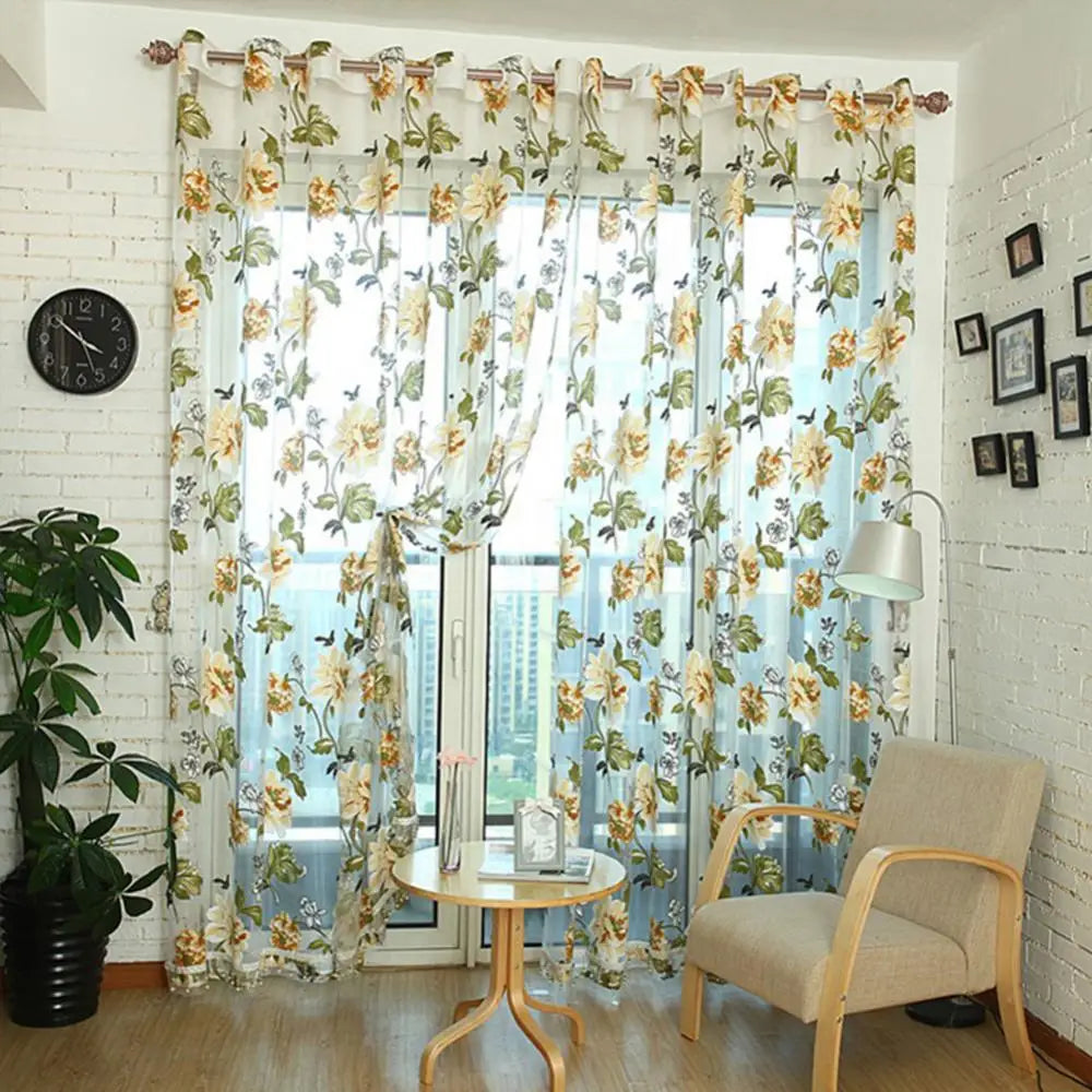 New Door Blinds Window Peony Printed Transparent Tulle Curtain IN USA.