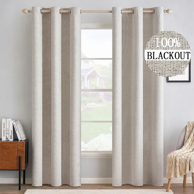 Blackout Linen Textured Curtains for Bedroom Solid Thermal Insulated G