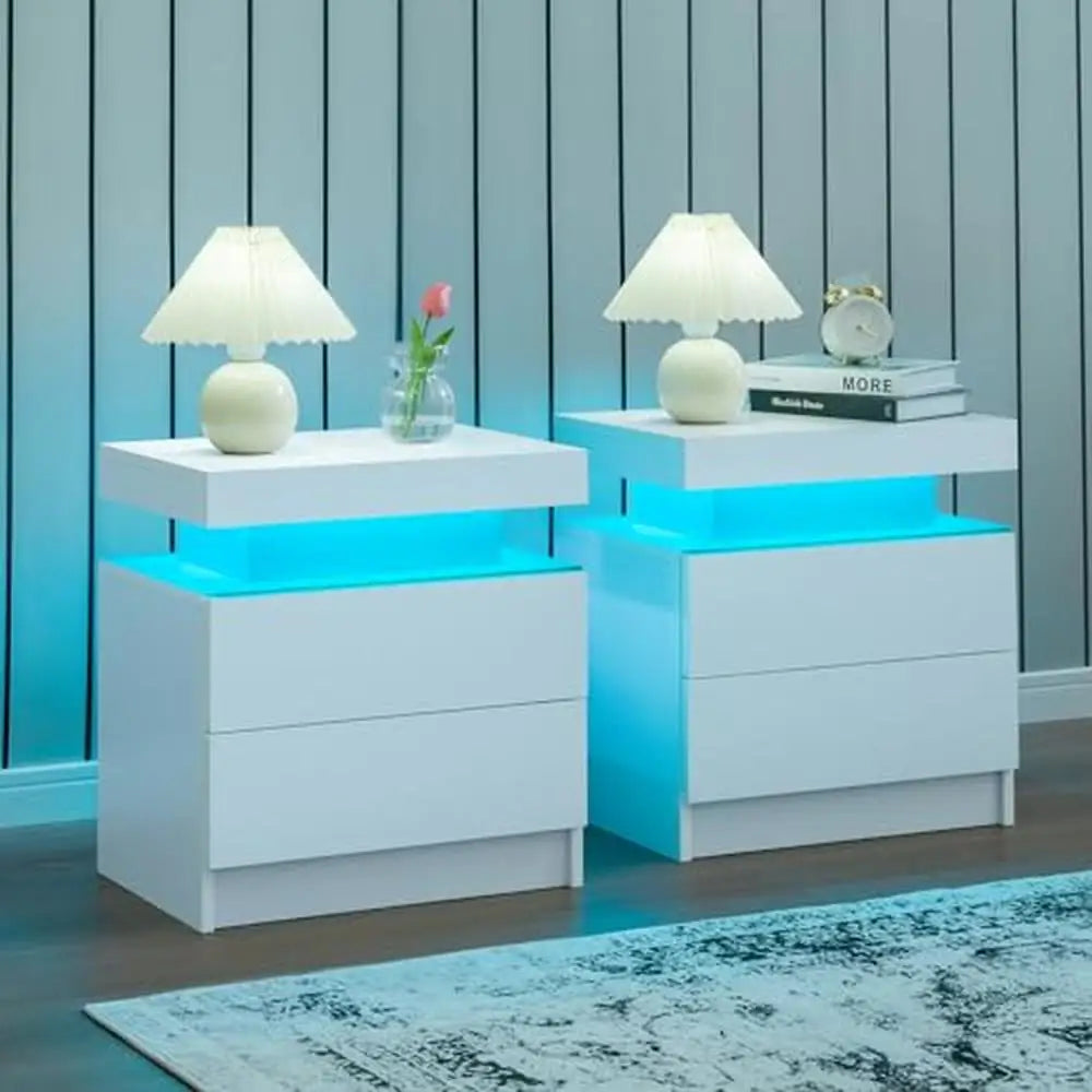 Set of 2 LED Nightstands with Remote Control and APP Bluetooth 2 Drawe