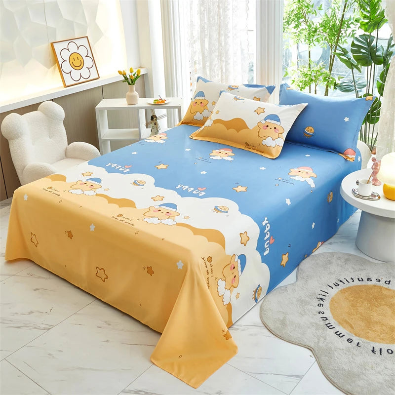 Cartoon Star Flat Sheet Twin Kawaii Yellow Bed Sheet in USA.