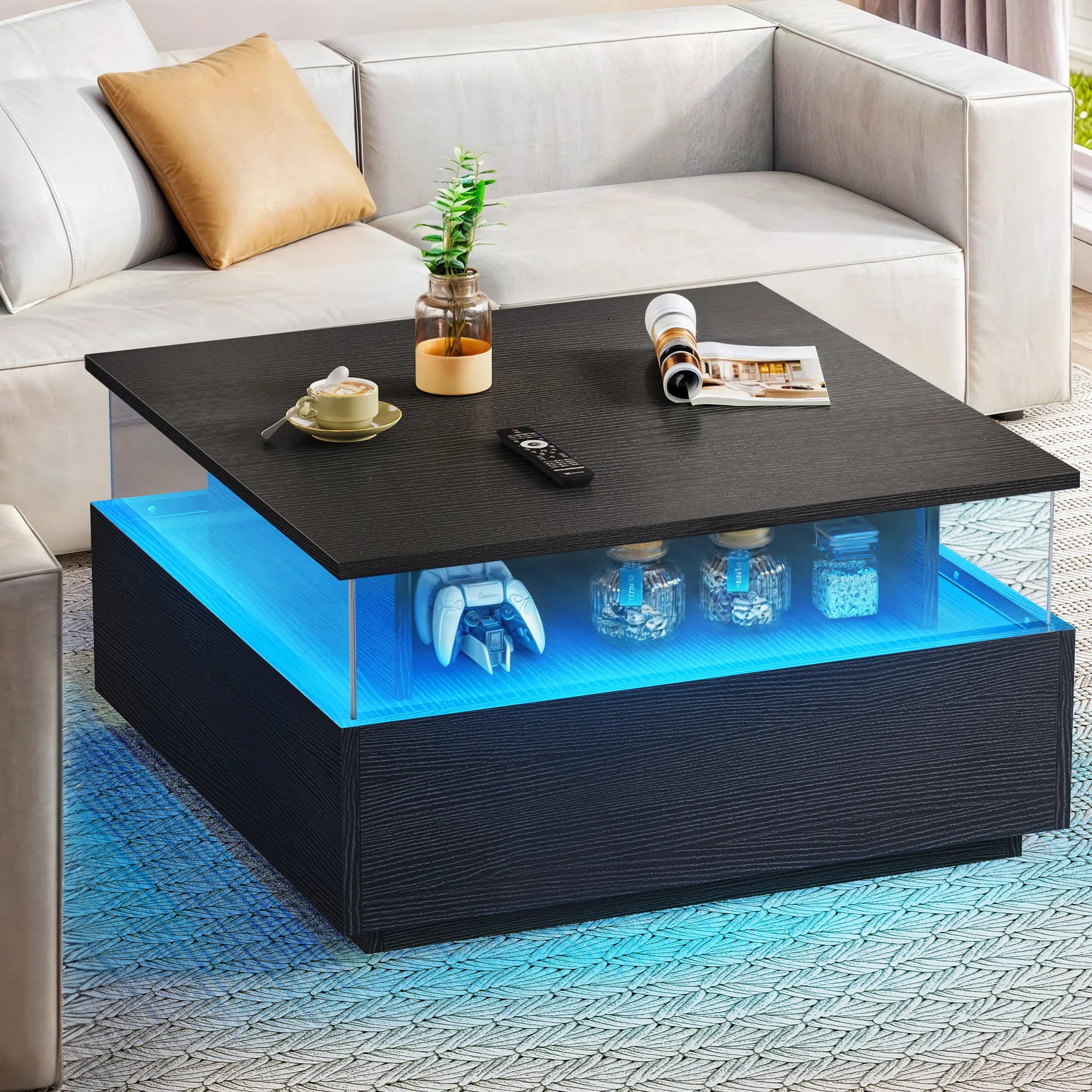 Square LED Coffee Table Drawers Acrylic Living Room IN USA.