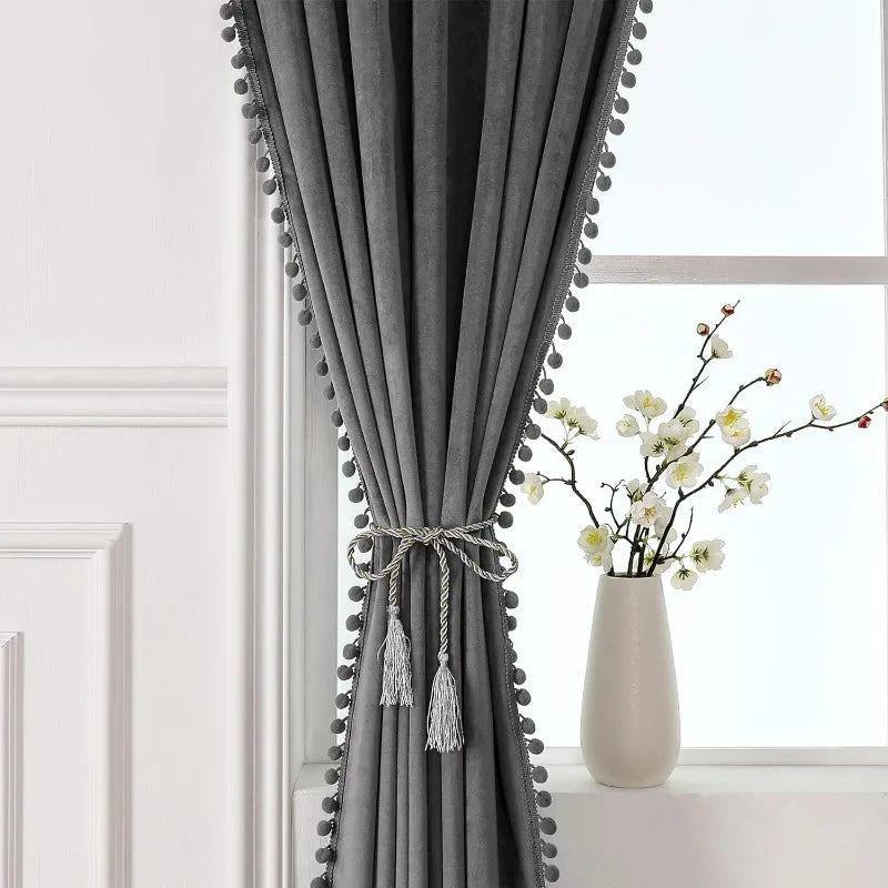 Pom Velvet Curtains for Bedroom, Blackout Curtains in USA