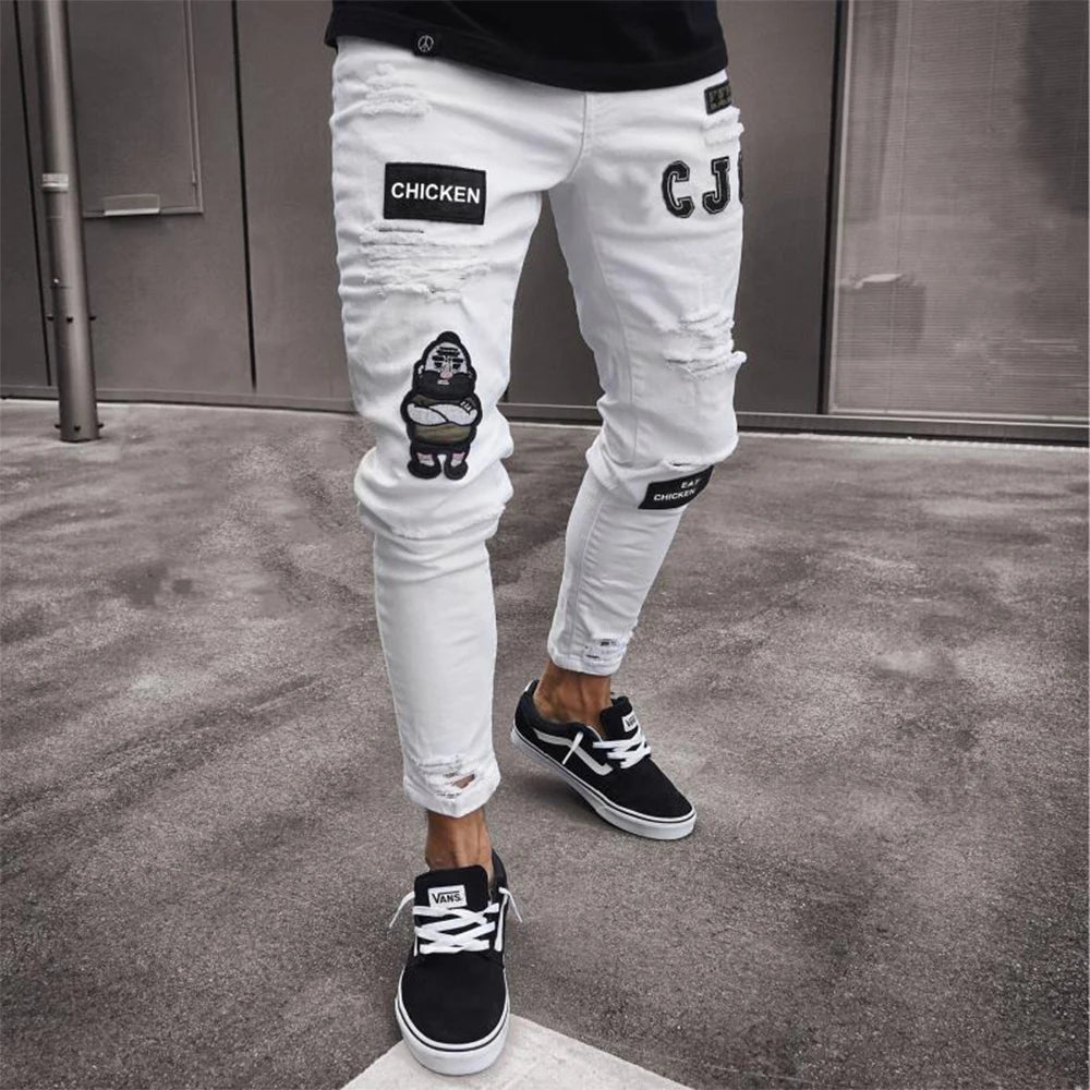 White Embroidery Skinny Ripped Jeans Men Cotton in USA