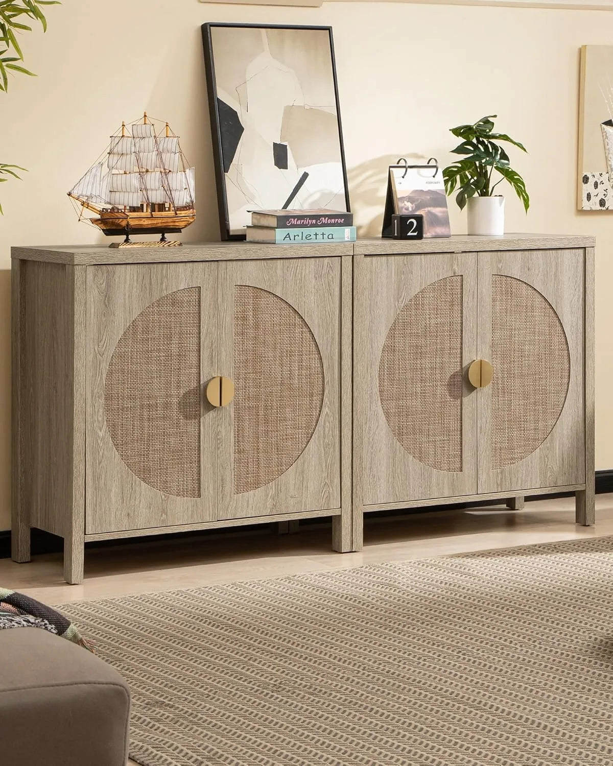 Rattan Buffet Cabinet Set Accent Sideboard Storage Cabinet IN USA.