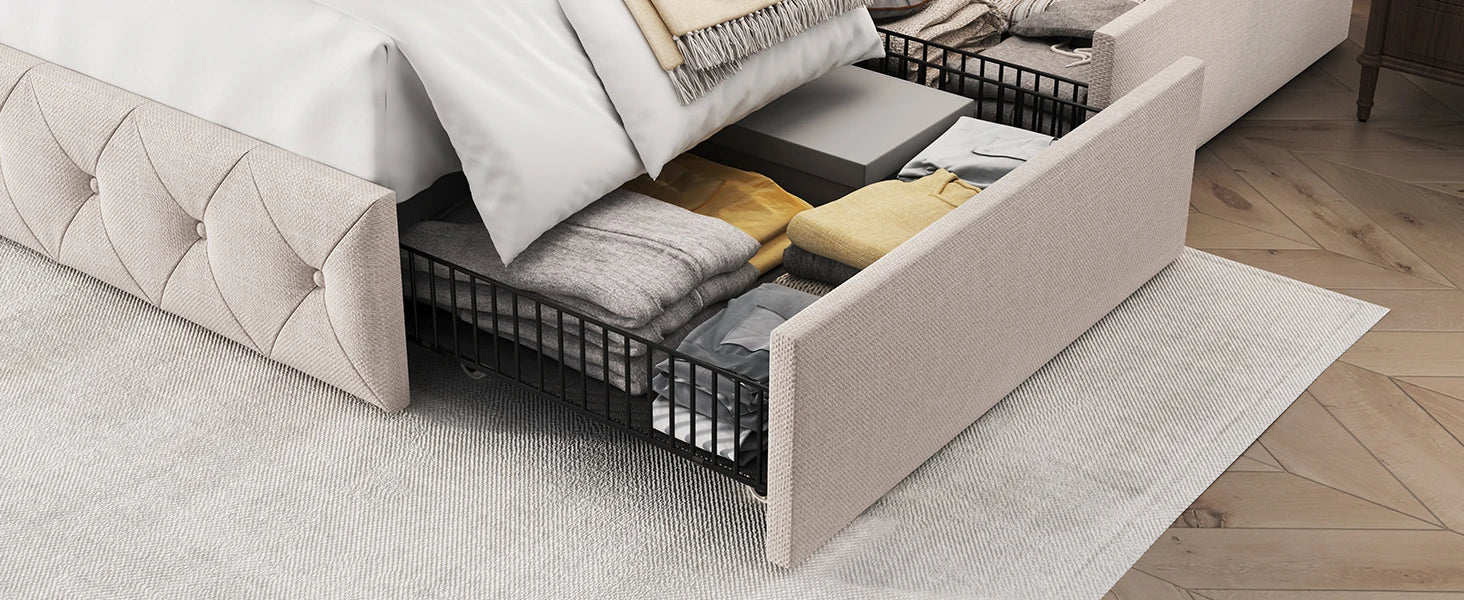 Size Bed Frame Storage Drawers Tufted Headboard Linen IN USA.