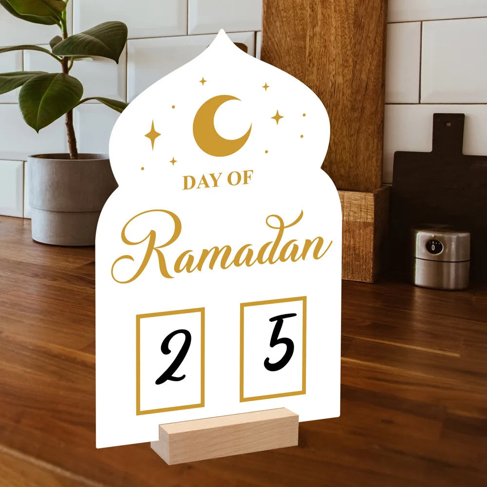 Reusable Acrylic Ramadan Calendar Board Wooden Base Table Ornament wit