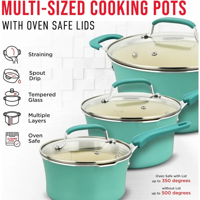 Cookware Set – Green Multi-Sized Cooking Pots Lids,Skillet