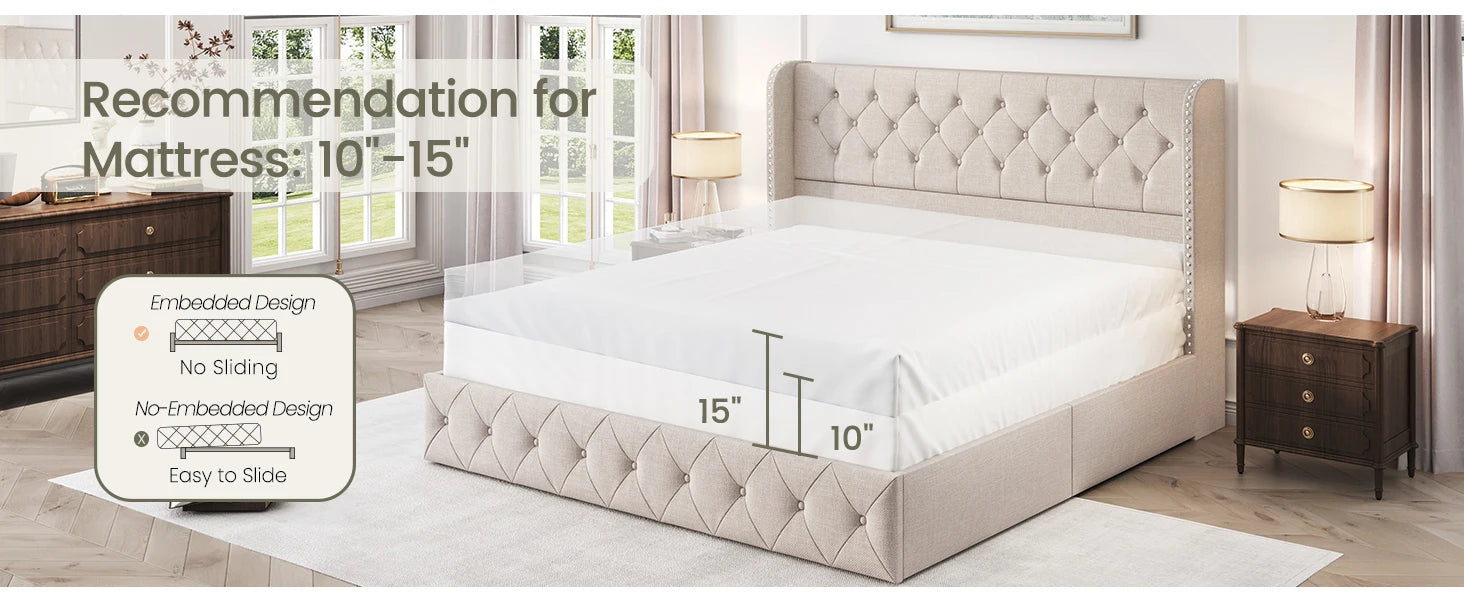 Size Bed Frame Storage Drawers Tufted Headboard Linen IN USA.