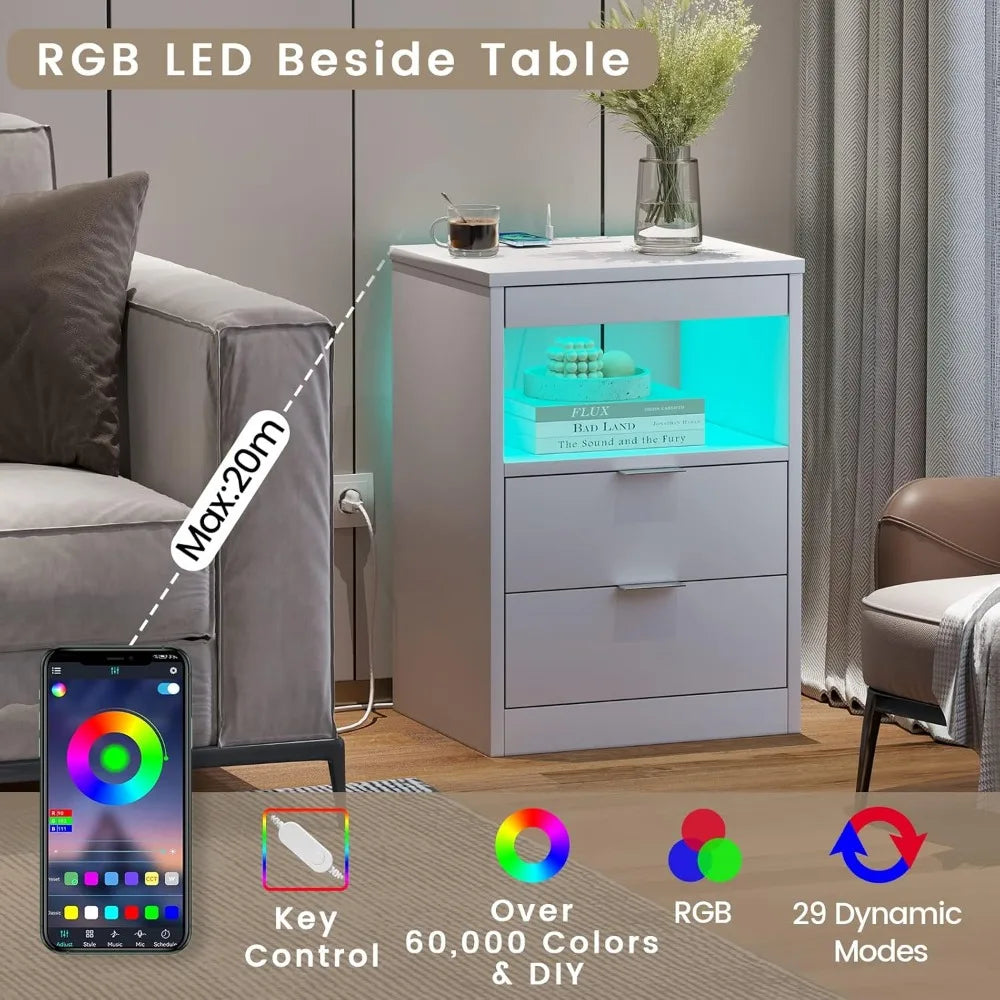 Nightstand White, Bedroom End Side Table LED Lights IN USA.