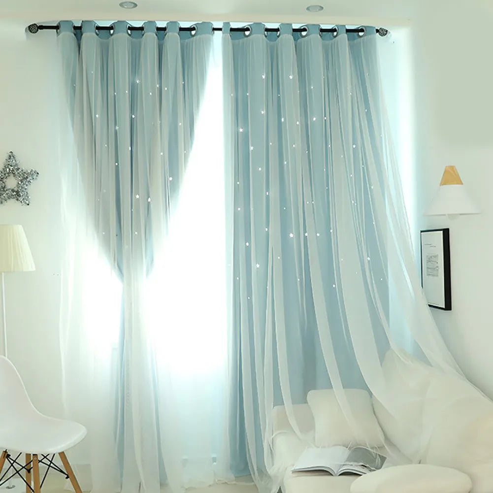 Bright Double Layer Blackout Star Hollow Curtains in USA