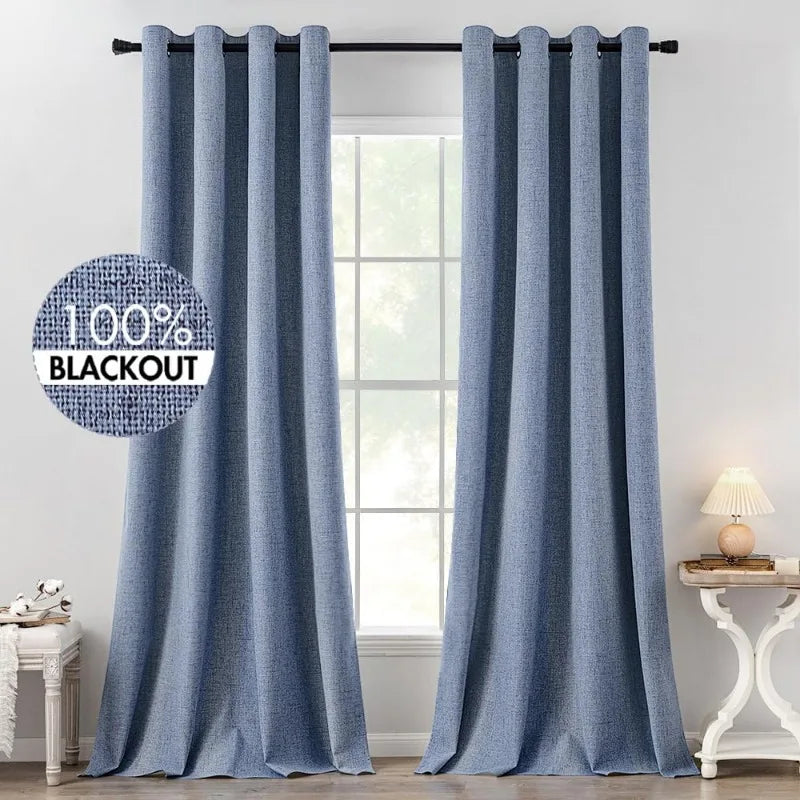 Blackout Linen Textured Curtains for Bedroom Solid Thermal Insulated G