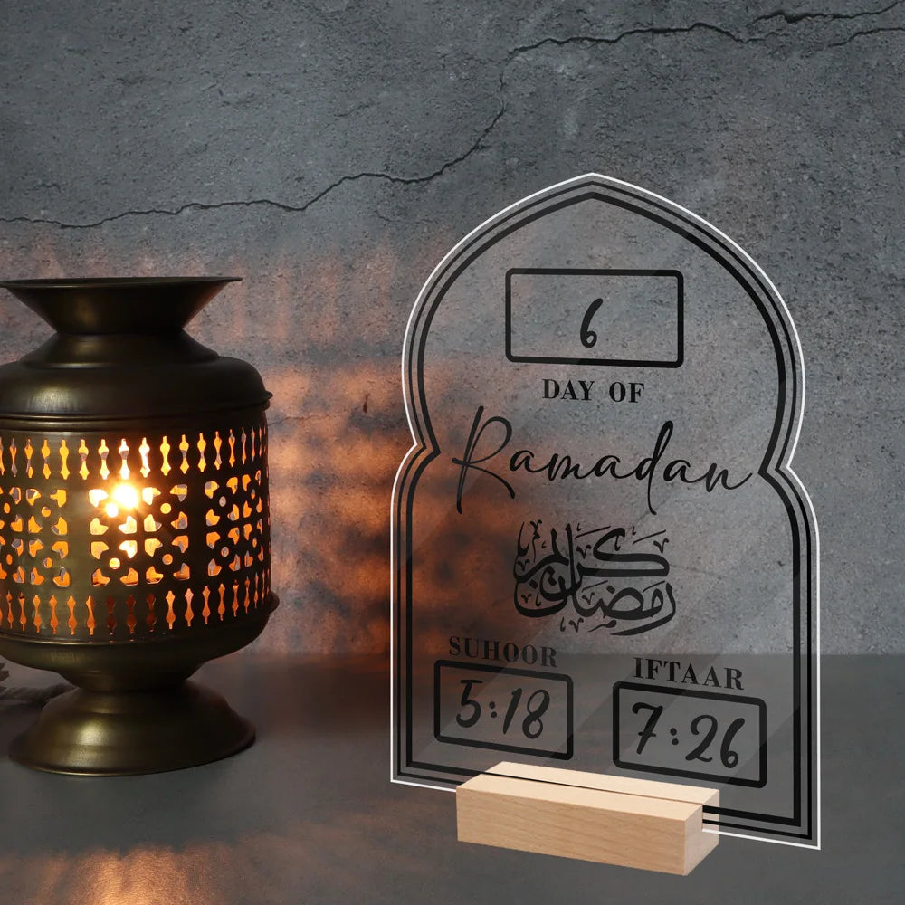 Reusable Acrylic Ramadan Calendar Board Wooden Base Table Ornament wit