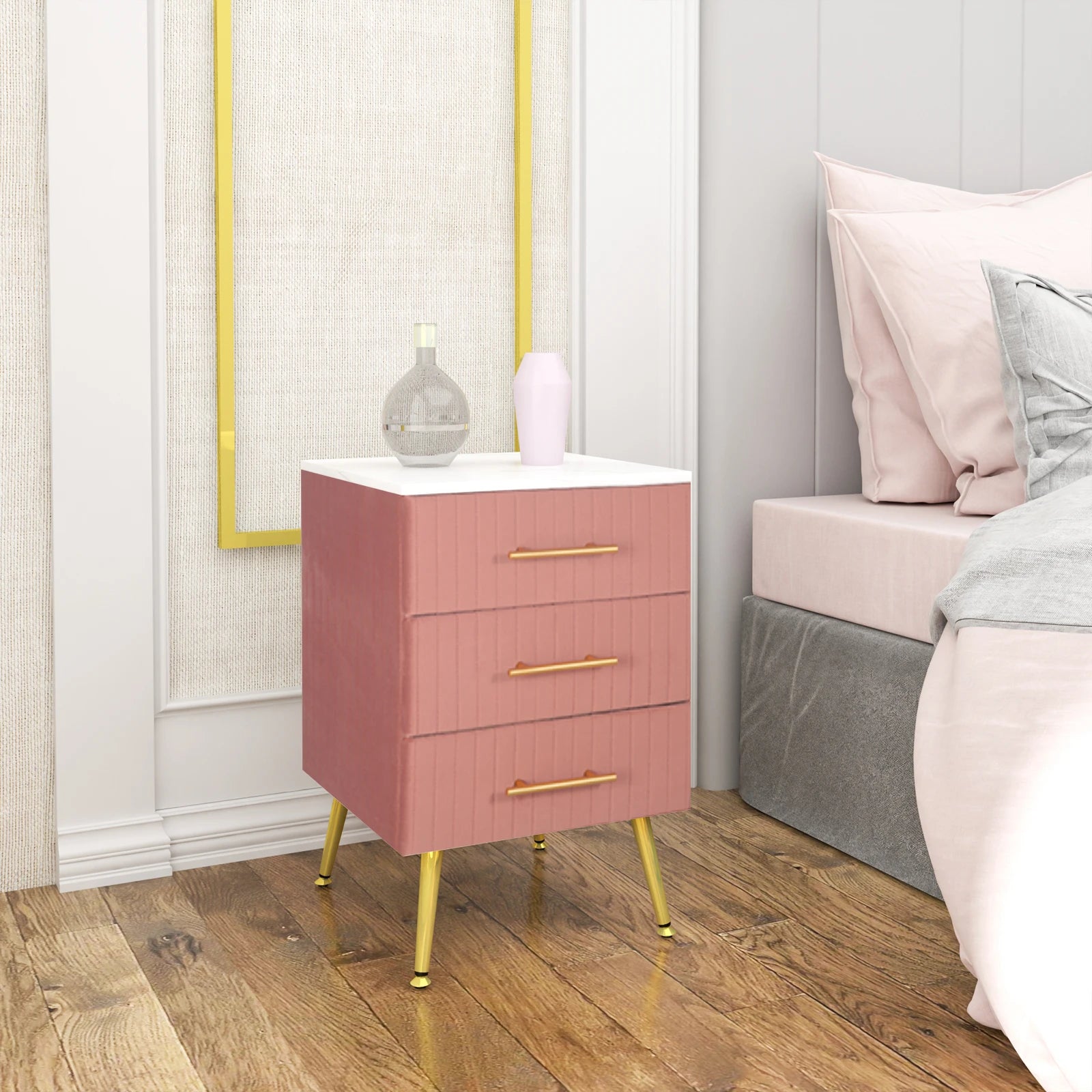 Bedside Cabinet Nightstand with 3 Drawers White Pink Chest of Drawers 