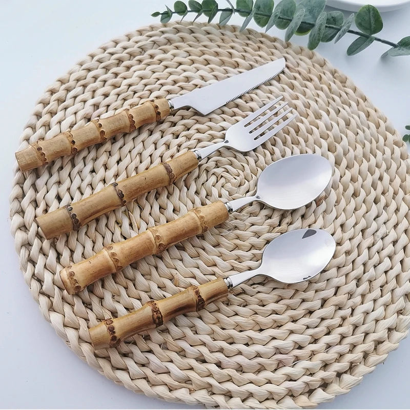 Dinnerware Sets Original Nature Bamboo Handle Stainless Steel