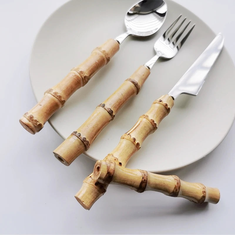 Dinnerware Sets Original Nature Bamboo Handle Stainless Steel