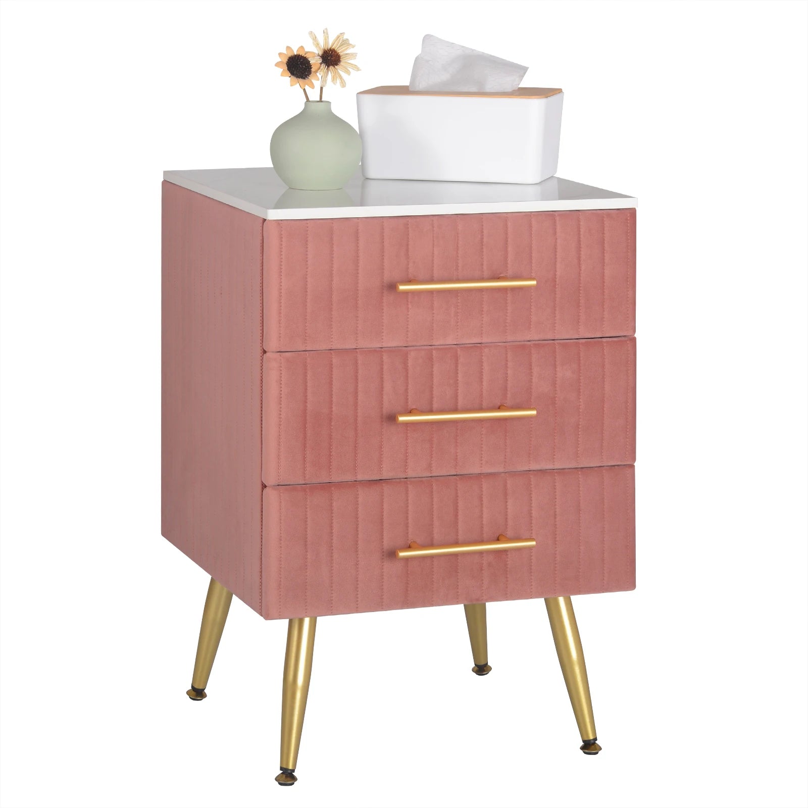 Bedside Cabinet Nightstand with 3 Drawers White Pink Chest of Drawers 