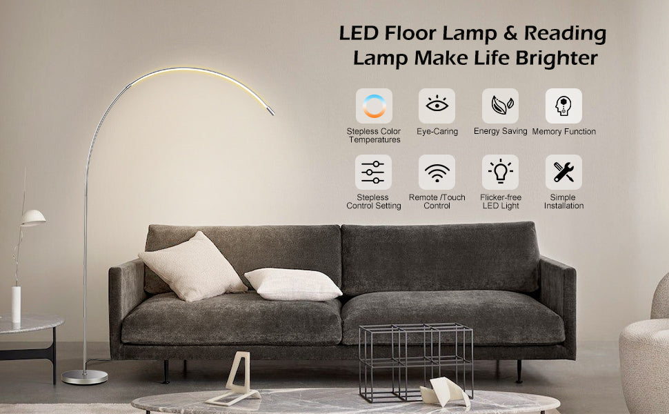 LED Arc Floor Lamp Living Room, Silver Modern Standing Lamp IN USA.