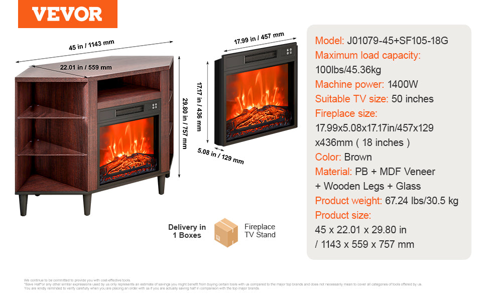 VEVOR Electric Fireplace TV Stand TVs Corner Console IN USA.