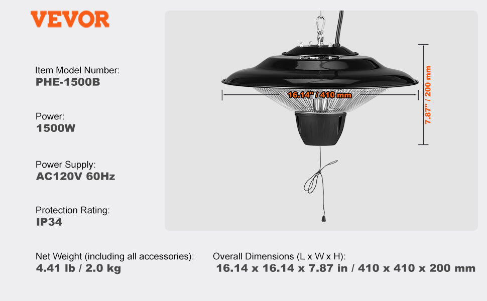 VEVOR Hanging Patio Heater Pull Cord Adjustable IN USA.